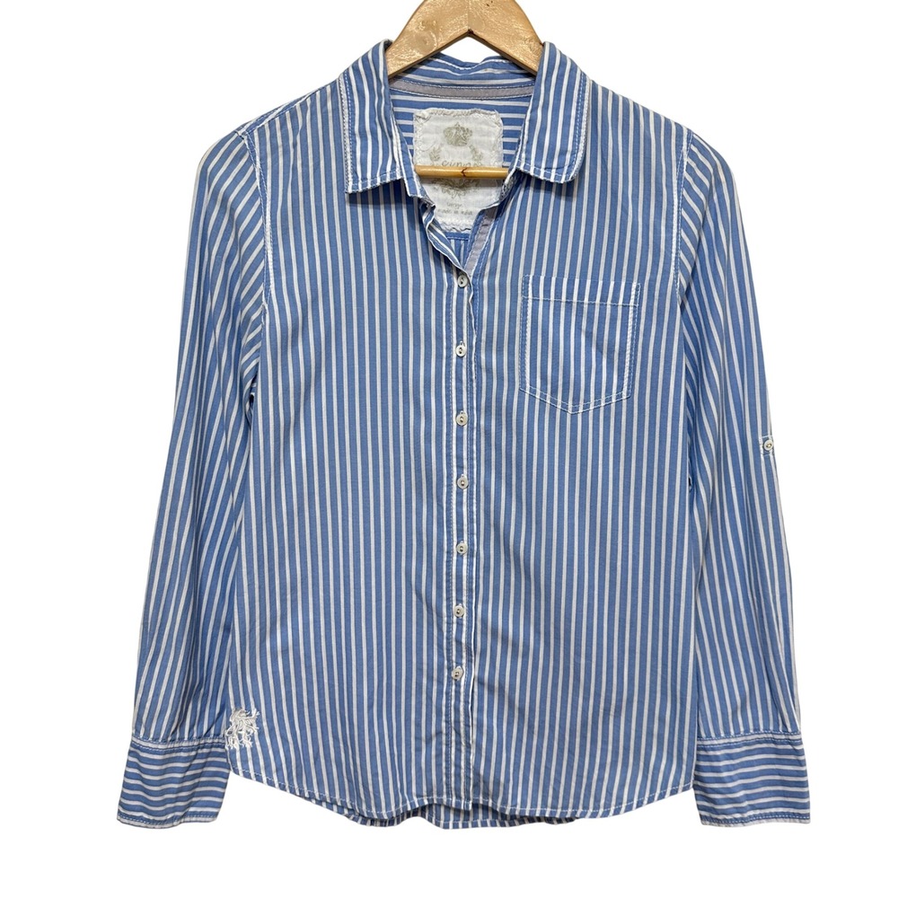 Cino Womens Blue White Striped Button Down Shirt‎ Cotton Roll Tab Sleeve Large